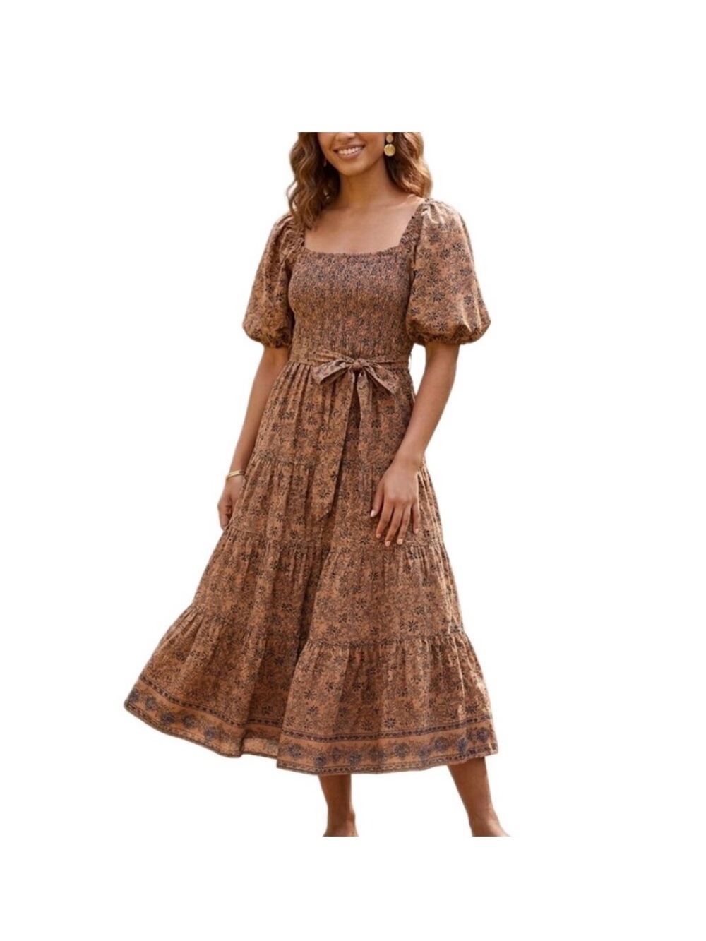 A Loves A — Brown Floral Smocked Midi Dress with Puff Sleeves